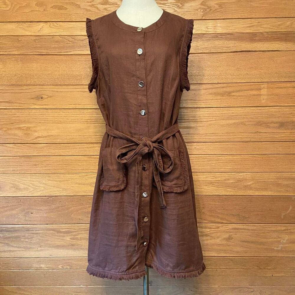 J.Crew raw hem mini shirt dress brown linen tie waist